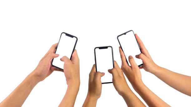 istock Close up hand holding modern smart phone mockup. New modern black frameless smartphone mockup with blank white screen. Isolated on white background high quality studio shot Modern smart 2060048003