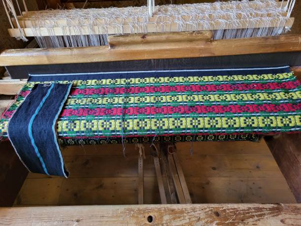 istock Closeup of woodeb weiving machine eith colourful threads 2060048018