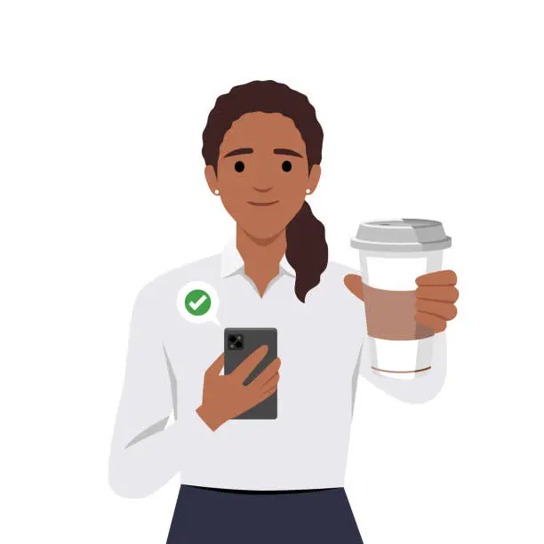 Vector illustration of Woman holding phone and coffee take away cup in one hand.