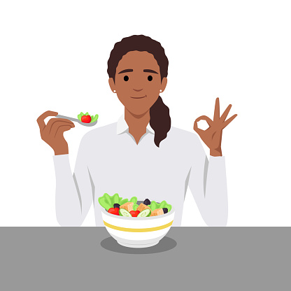 Young woman eating salads. Diet food for life. Healthy foods. Flat vector illustration isolated on white background