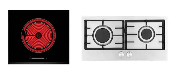 Red hot ceramic hotplate of electric cooker and gas stove isolated on white background