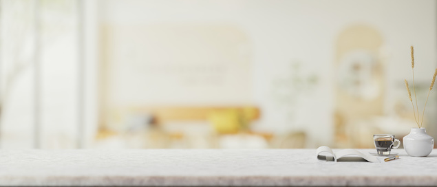 A presentation space for display product on a white marble table in a contemporary coffee shop. blurry background. 3d render, 3d illustration