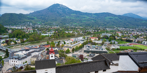 Panoramic views of Salzburg and the hills.