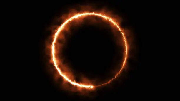 Ring of yellow flame, fiery, round frame of orange fire, glowing neon circle