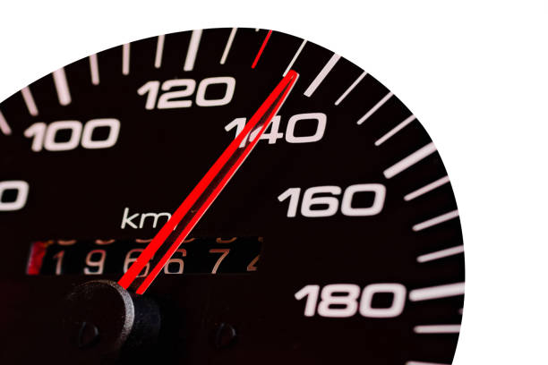 Car speedometer. Auto car speedometer shows 140 speed.Closeup.Automobile dangerous speed concept.White isolated background.