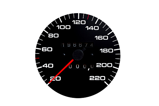 Car speedometer. Auto car speedometer shows 20 speed.Closeup shot,dark black background.Automobile dangerous speed concept.White isolated background.