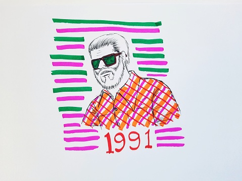 A man with a white mustache and beard wearing a yellow and red shirt and green sunglasses, 1990s style, with green and red colored stripes in the background, 1991