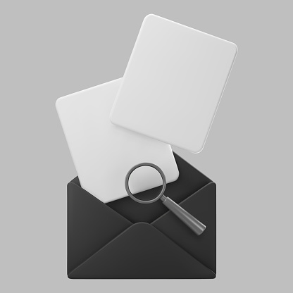 3d black open mail envelope icon with magnifying glass isolated on grey background. Render approvement concept, email notification with document. 3d realistic vector.
