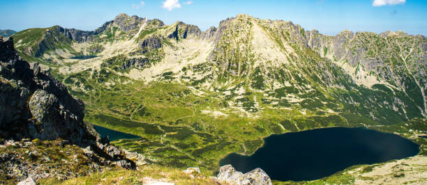 View from Szpiglasowy Wierch mountain peak in High Tatras mountains Dolina Pieciu Stawow Polskich valley with lakes and mountain peaks above from Szpiglasowy Wierch in High Tatras mountains high tatras stock pictures, royalty-free photos & images