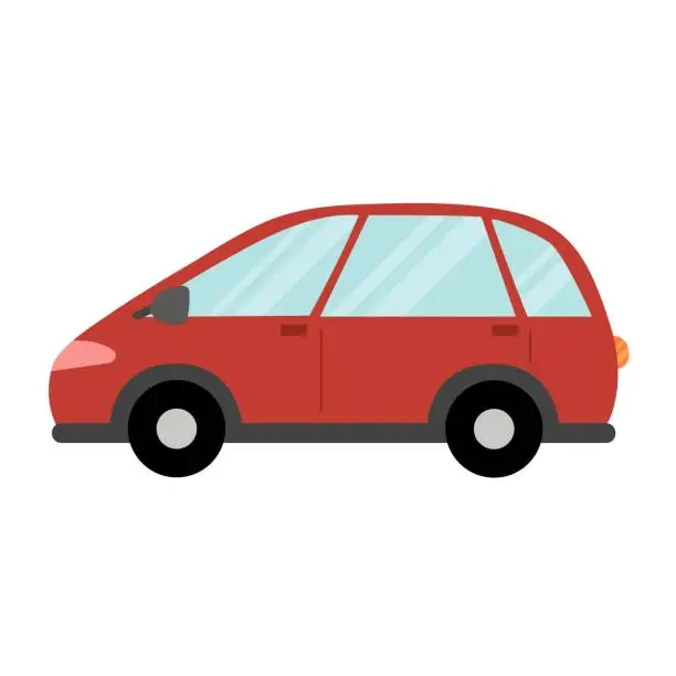 Vector illustration of Red car in cartoon style isolated on white background. Cute vehicle flat design