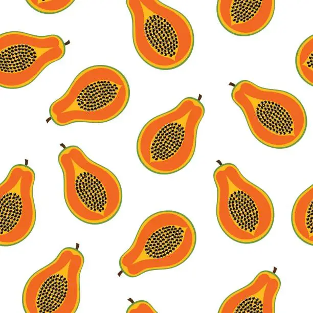 Vector illustration of Doodle papaya seamless pattern. Tropical fruit background in cartoon style