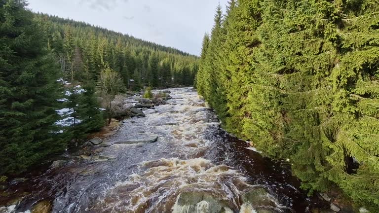 raging elements of water in a mountain river. the damaged and torn down wooden mast was washed away by the flood and crushed against the rocks. the new metal durable bridge withstands the waves of the