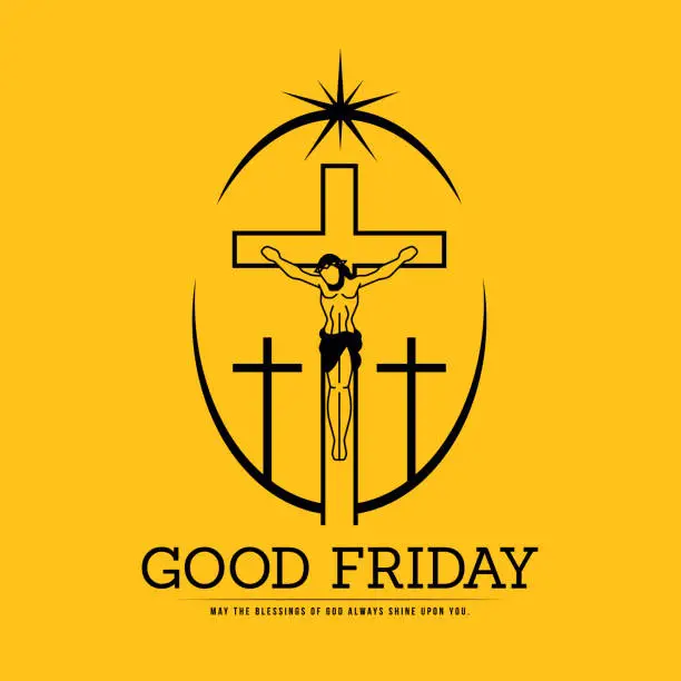 Vector illustration of Good friday - Modern line jesus christ crucified and three cross in crescent oval line wuth star light on yellow background vector design