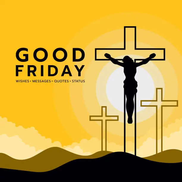 Vector illustration of Good friday - jesus christ on line crucified and three cross on mountain and sunlight yellow sky vector design