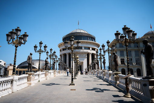 Skopje Macedonia, July 21, 2022:    bridge with lots of lanterns and statues