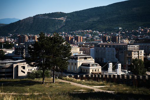 Skopje Macedonia, July 21, 2022:   view from above of the panorama of the urban landscape of Skopje