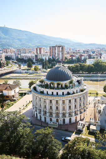 Skopje Macedonia, July 21, 2022:   view from above of the panorama of the urban landscape of Skopje