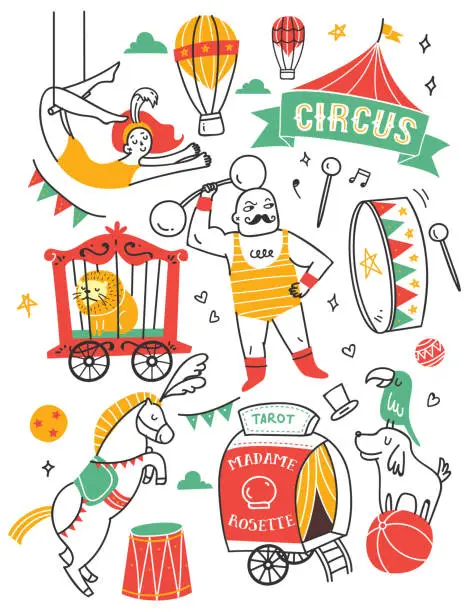 Vector illustration of Set of circus doodle design element