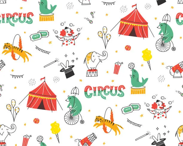 Vector illustration of Vintage circus doodle seamless background with circus tent, animals and clown