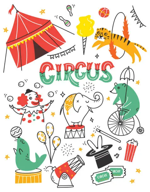Vector illustration of Vintage circus doodle with circus tent, animals and clown