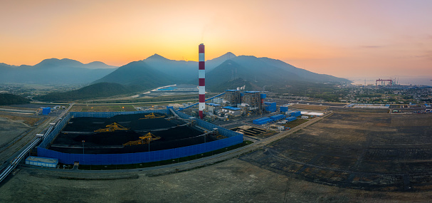 Drone view Van Phong thermal power plants in sunset - Ninh Phuoc district, Khanh Hoa province, central Vietnam