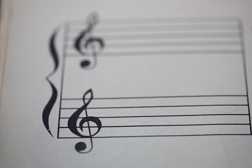 A page from a book with musical notes as a background, close-up view