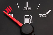 Fuel gauge with red indicator at empty level.Close-up car dash board petrol meter, fuel gauge, with over full gasoline in car. Clip.Gasoline sensor