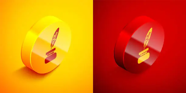 Vector illustration of Isometric Feather and inkwell icon isolated on orange and red background. Circle button. Vector