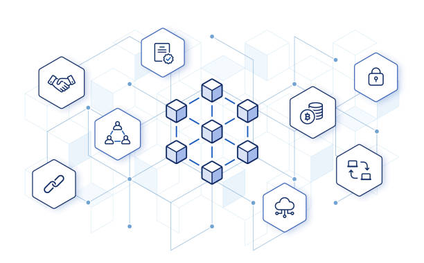 Blockchain technology with icons on abstract hexagon background blockchain platform infographic: smart contract, trade, users, decentralized network, verified icons. blockchain stock illustrations