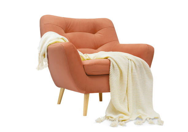 istock Comfortable coral pink armchair with white plaid isolated on white background. 2060156648