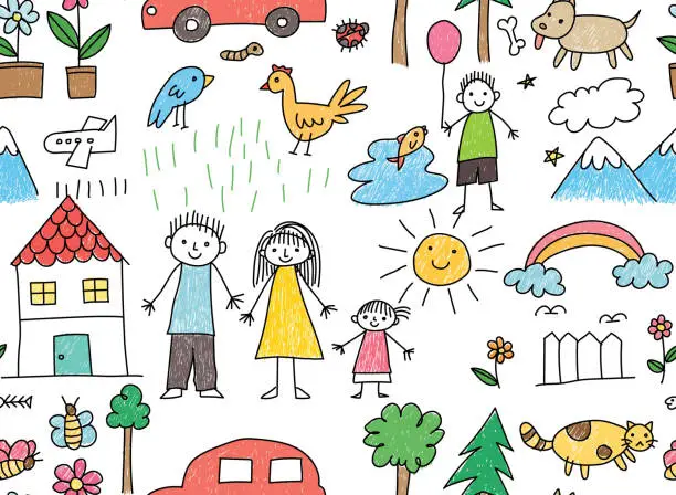Vector illustration of Kid drawing with family, car, animal in seamless background