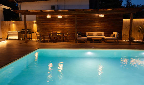 istock Modern patio by the swimming pool. 2060161067