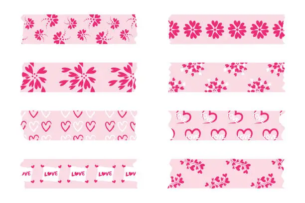 Vector illustration of Set of Valentines Day decoration and Valentines Day washi tape.