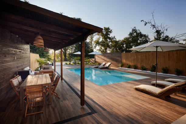 istock View of the modern patio with swimming pool. 2060168014
