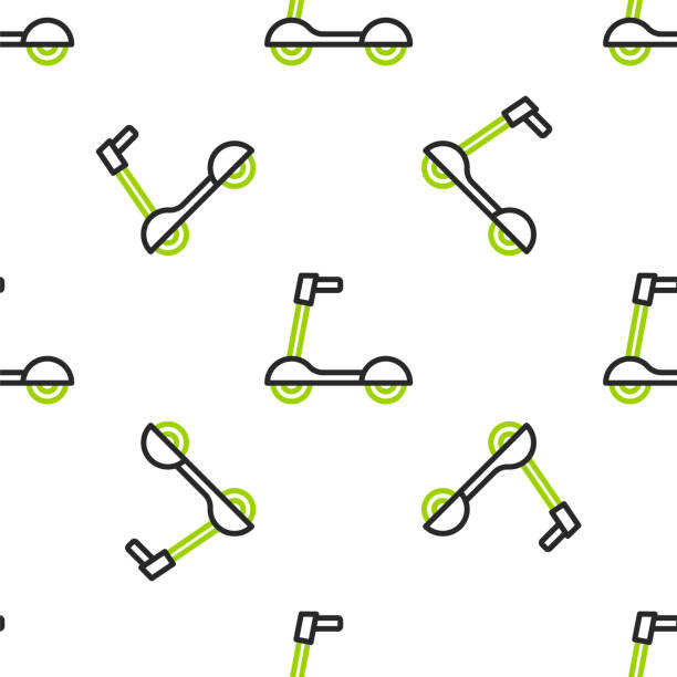 illustrazioni stock, clip art, cartoni animati e icone di tendenza di line roller scooter for children icon isolated seamless pattern on white background. kick scooter or balance bike. vector - motorcycle motor scooter silhouette off road vehicle
