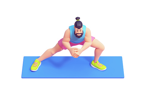 Full length young cute smiling bearded brunette man wears sportswear, pink shorts, blue tank top, green sneakers doing dynamic warm-up exercises, side lunges on mat. 3d render isolated white backdrop.