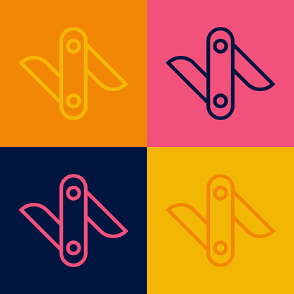 Pop art line Swiss army knife icon isolated on color background. Multi-tool, multipurpose penknife. Multifunctional tool. Vector.