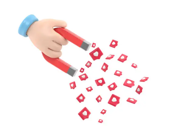 Photo of Human hand holding magnet with pin hearts. Concept of concept of attracting an audience. SMM metaphor, revealing the concept of followers.3D rendering on white background.