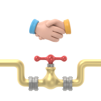 Oil deal concept. Arabs businessmen handshake at a meeting. 3D illustration flat design. Oil pipe with a tap. Solution for oil sales.3D rendering on white background.