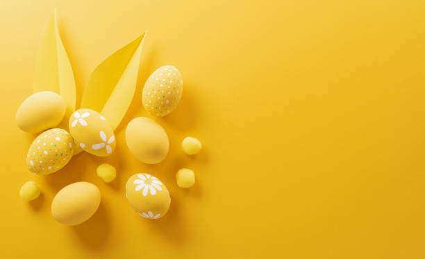 istock Happy easter! Colourful Easter eggs on yellow background. Decoration concept for greetings and presents on Easter Day celebrate time. 2060213439