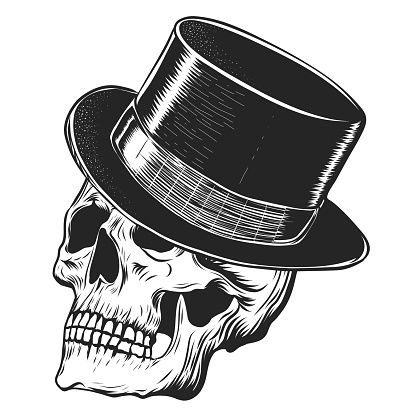 hand drawn sketch of human Skull in hat cylinder. Black and white vector illustration isolated on white background. Vintage Engraving of scull for print, tattoo, stickers.