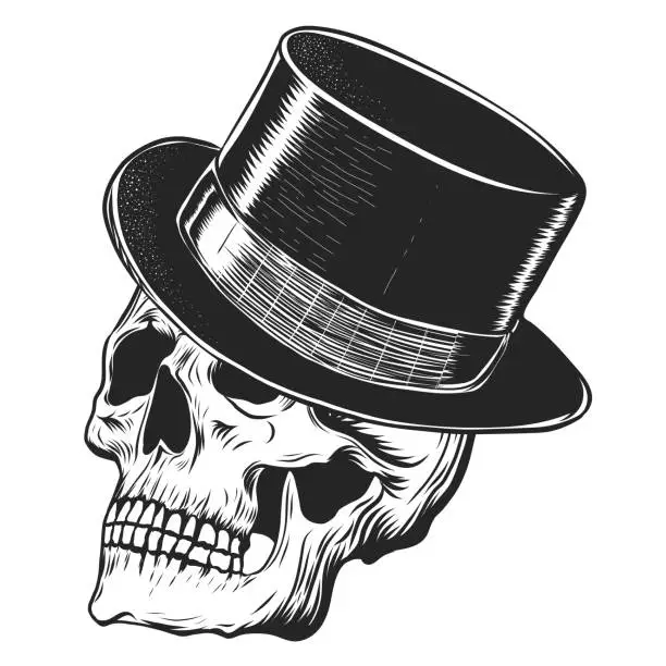 Vector illustration of hand drawn sketch of human Skull in hat cylinder. Black and white vector illustration isolated on white background. Vintage Engraving of scull for print, tattoo, stickers.