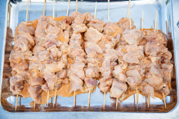 raw chicken on skewers on a tray close-up