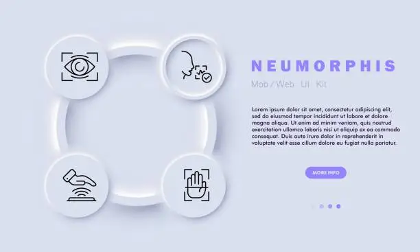 Vector illustration of Safety line icon. Biometrics, security, facial recognition, fingerprint scanning, iris detection. Neomorphism style. Vector line icon for business and advertising