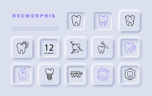 Caries line icon set. Dentist, dental care, oral health, check-up, examination, magnifying glass, caries, shield, pin, gears. Neomorphism style. Vector line icon for business and advertising