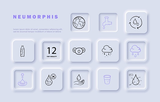 Thirst line icon set. Clear, pure, refreshing, thirst-quenching, beverage, drink, cloud, rain, glass. Neomorphism style. Vector line icon for business and advertising