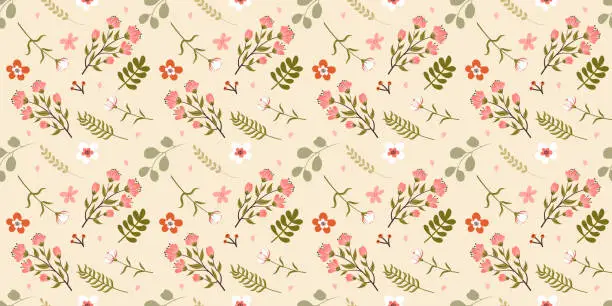Vector illustration of Floral seamless pattern with hand drawn flowers and leaves in soft pastel colors. Romantic vector background in doodle style for wrapping paper, greeting card, poster and textile.