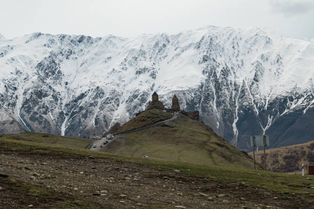 The Mountain along the way to Kazbergi. Beautiful view of the city of Mtskheta. stock photo