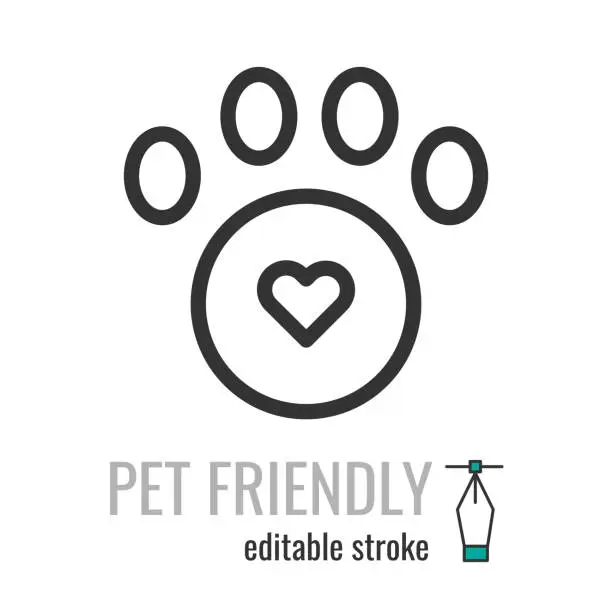 Vector illustration of Pet Friendly line icon. pet care symbol. Dog or cat Love Heart with cute paw pictogram. Pets allowed public places sign. Vector graphics illustration EPS 10. Editable stroke