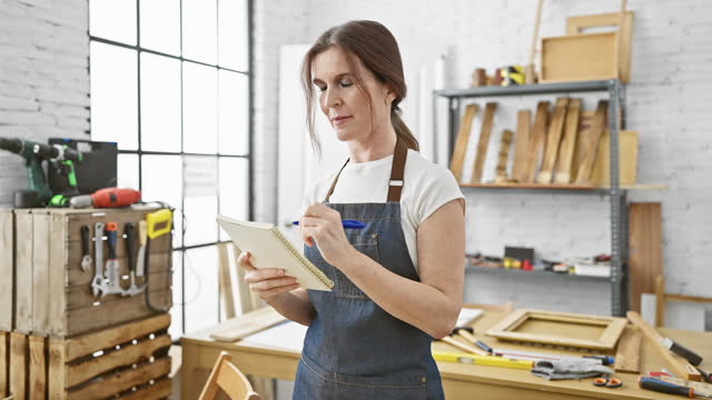 Middle-aged woman crafts in a workshop with tools and wood, thinking while holding notebook and pen.